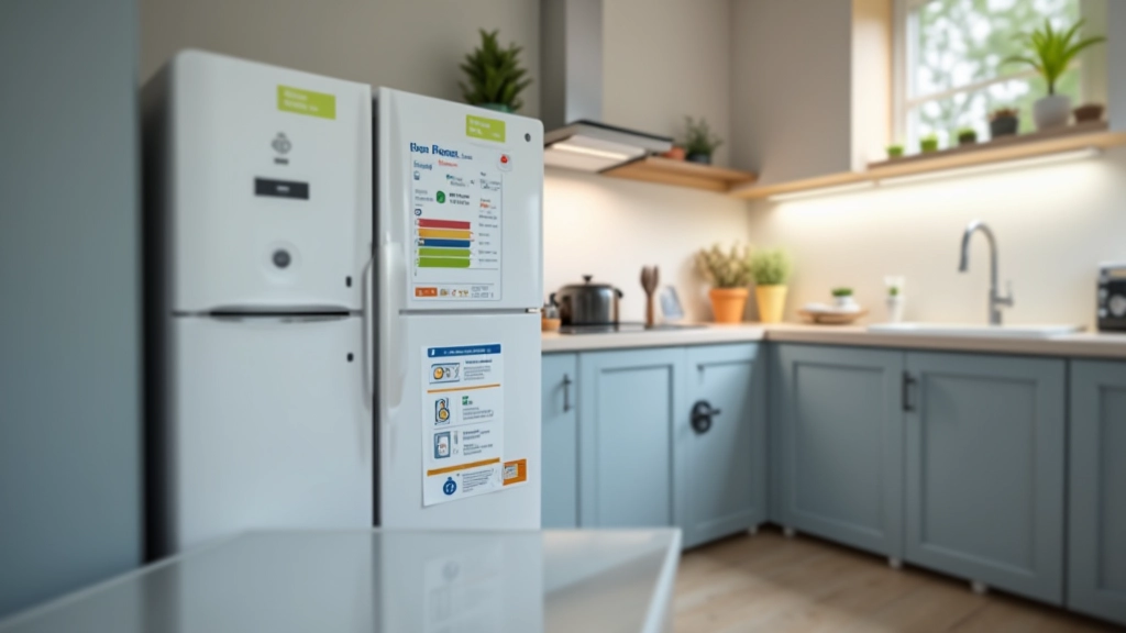Verschiedene moderne Haushaltsgeräte nebeneinander, Energielabel sichtbar, helles Studio-Setting
