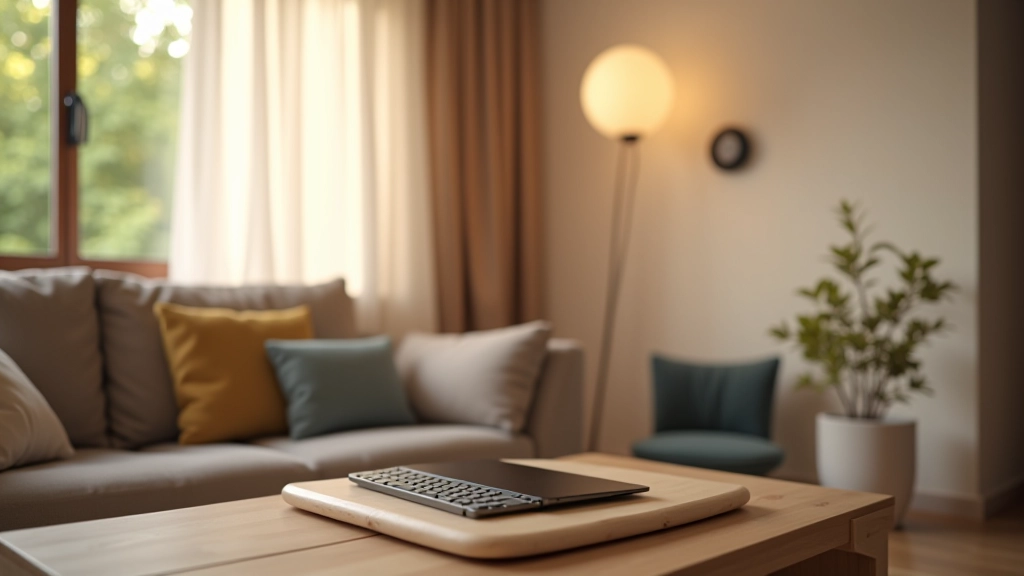 Moderne Wohnzimmereinrichtung mit Laptop auf Couchtisch, Heizungsregler sichtbar, warmes Tageslicht von Fenster