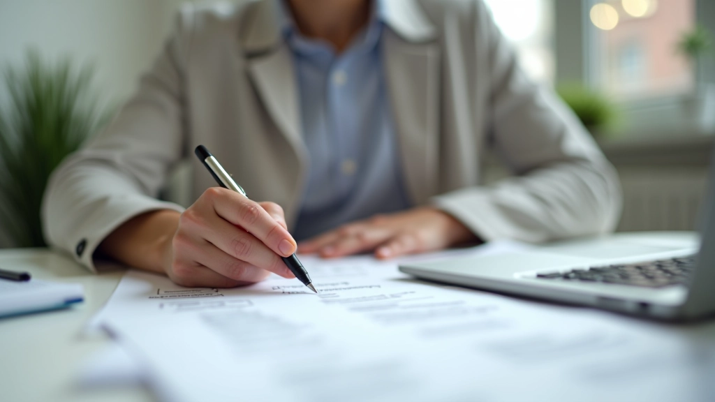 Person am Schreibtisch mit Checkliste, Stift in der Hand, verschiedene Kündigungsformulare sichtbar, helles Homeoffice-Setup