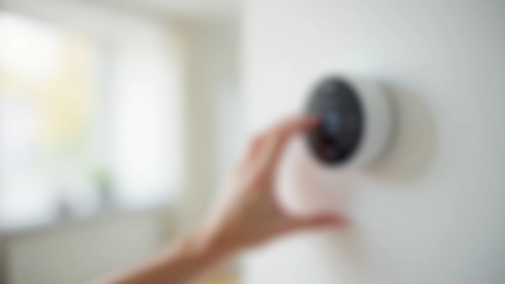 Smart-Home-Thermostat an einer Wand montiert, Finger bedient digitales Display, modernes Wohnzimmer