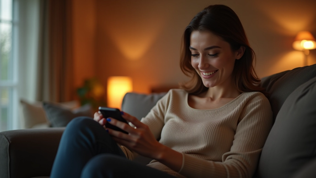 Person mit Smartphone vergleicht Gasangebote in einer komfortablen Wohnzimmeratmosphäre