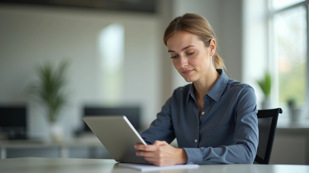 Frau sitzt am Schreibtisch mit Tablet, analysiert Energiekosten, konzentrierter Blick